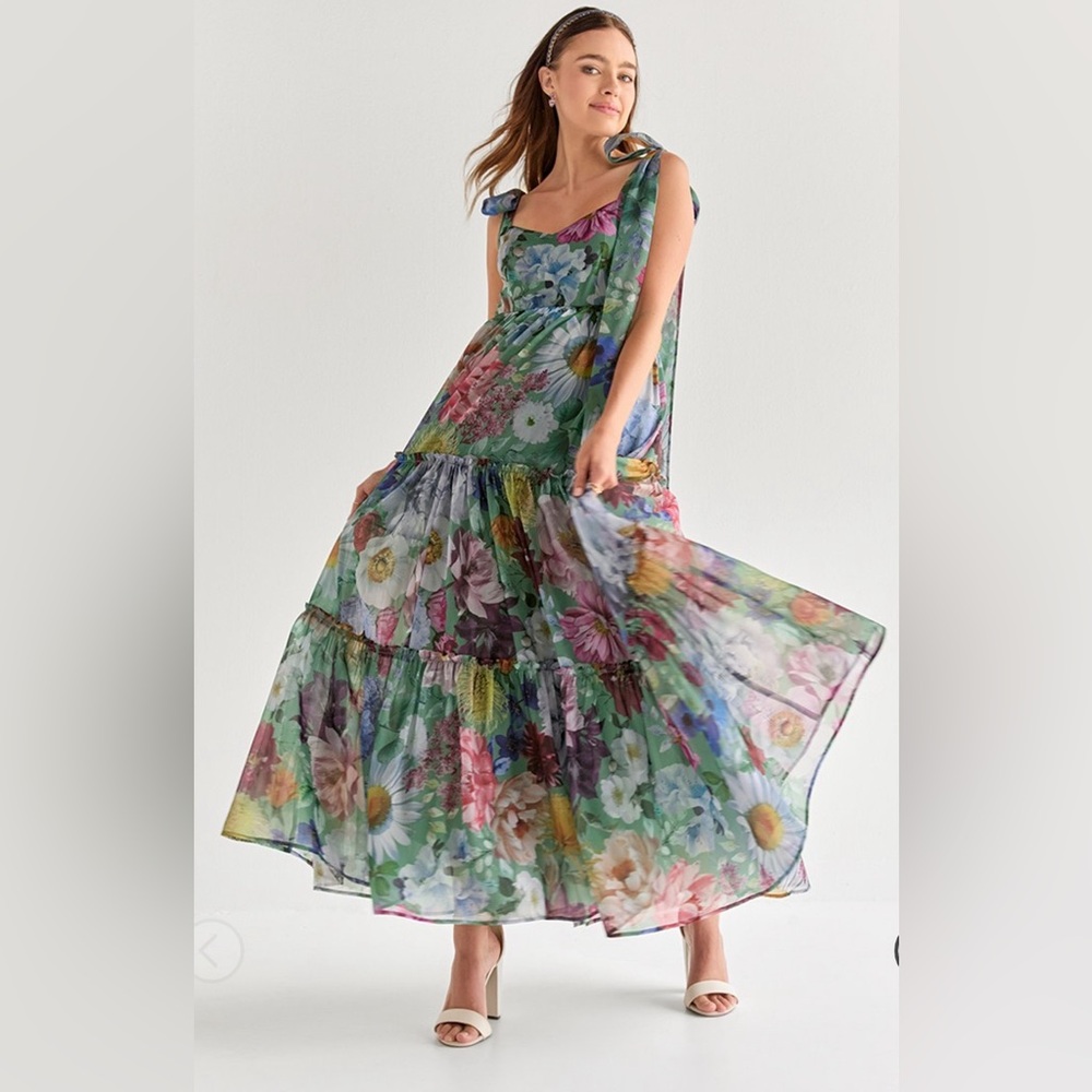 Francesca's NWT Alahna Tie Strap Light Blue Floral Maxi Dress - Sage Green